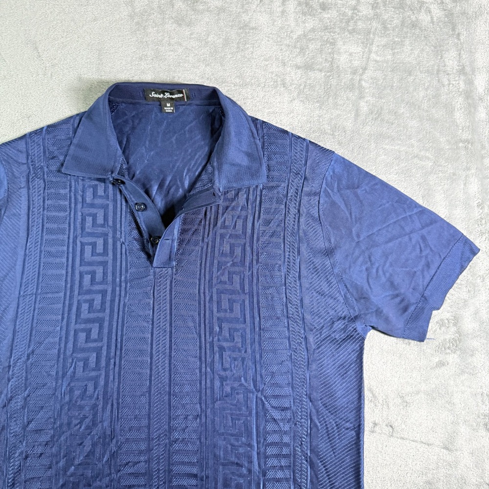 Saint Lorenzo Men's Navy Blue Textured Geo Pattern Short Sleeve Polo Shirt M